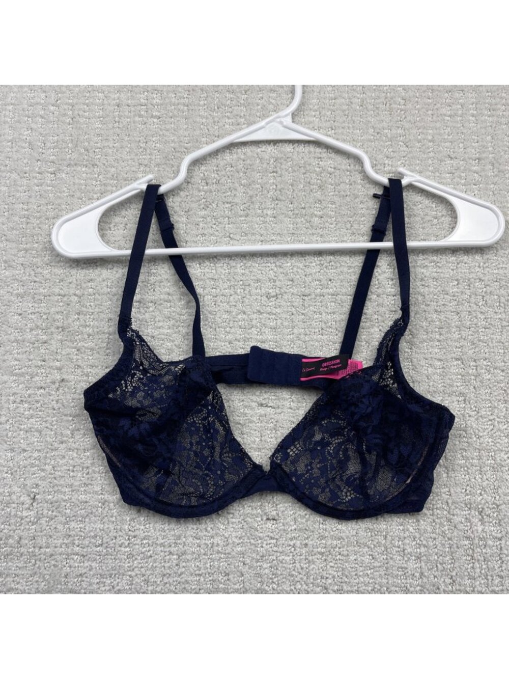 Y2K La Senza Lace Floral Sheer Bra "Obsession" Plunge Dark Romance Blue Sz 36D